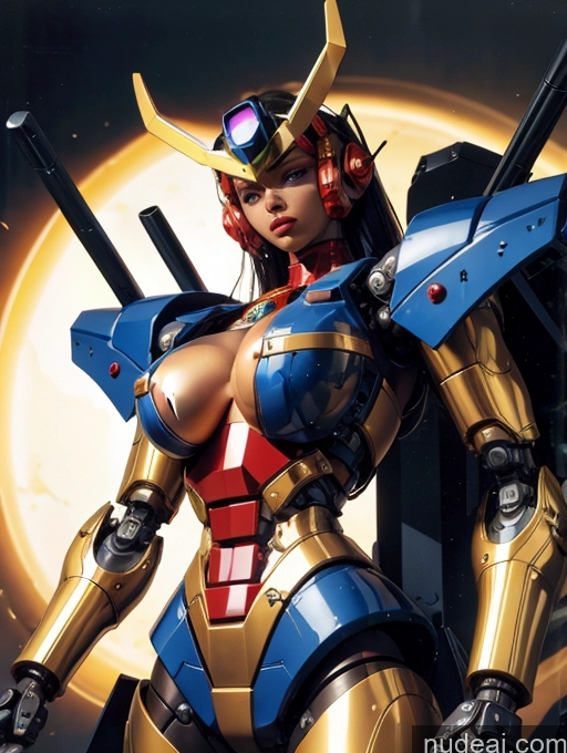 ai nude image of a close up of a woman in a suit with a gun pics of Cyborg Busty Abs Big Hips 30s Serious Cyberpunk Graphics Partially Nude Alternative Dark Skin Oiled Body SuperMecha: A-Mecha Musume A素体机娘