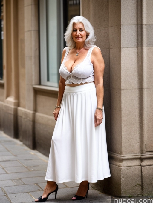 ai nude image of there is a woman standing on the sidewalk wearing a white dress pics of Milf One Busty Big Ass 70s Long Hair White Hair British Cleavage Street Long Skirt Micro Skirt