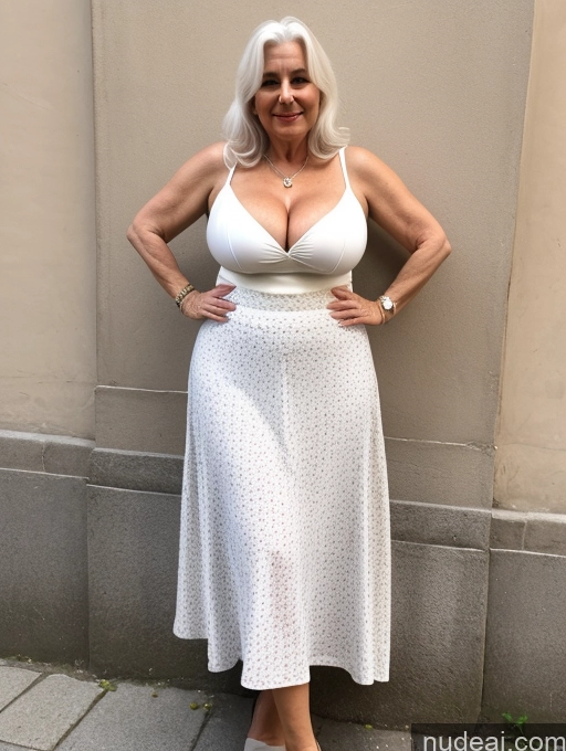 ai nude image of arafed woman in a white dress standing on a sidewalk pics of Milf One Busty Big Ass 70s Long Hair White Hair British Cleavage Street Long Skirt Micro Skirt Sundress