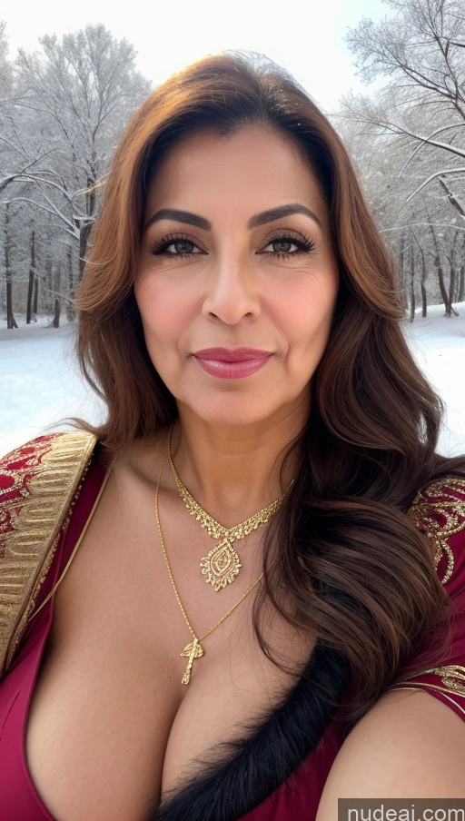 ai nude image of a close up of a woman in a red dress posing for a picture pics of One Small Tits Beautiful Lipstick Pubic Hair 50s Happy Pouting Lips Sexy Face Medieval Cleavage Traditional Tribal Gold Jewelry Jewelry Detailed Skin Detail (beta) Milf Arabic Front View Bright Lighting Snow