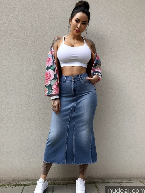 ai nude image of arafed woman in a white top and blue denim skirt pics of Chinese 90s Crop Top Jacket Hip Hop Long Skirt Teacher Jeans Perfect Boobs Busty Beautiful Tattoos Perfect Body