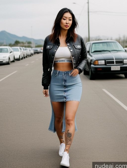 ai nude image of arafed woman in a skirt and leather jacket walking down a street pics of Chinese 90s Crop Top Jacket Hip Hop Long Skirt Teacher Jeans Perfect Boobs Busty Beautiful Tattoos Perfect Body