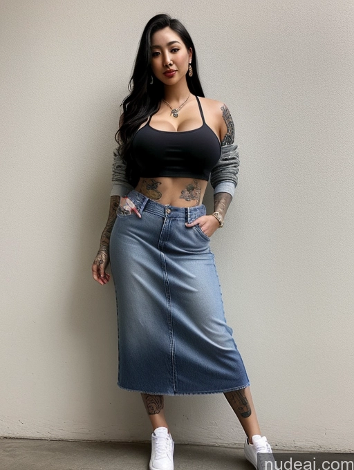 ai nude image of arafed woman in a black top and a denim skirt pics of Chinese 90s Crop Top Jacket Hip Hop Long Skirt Teacher Jeans Perfect Boobs Busty Beautiful Tattoos Perfect Body