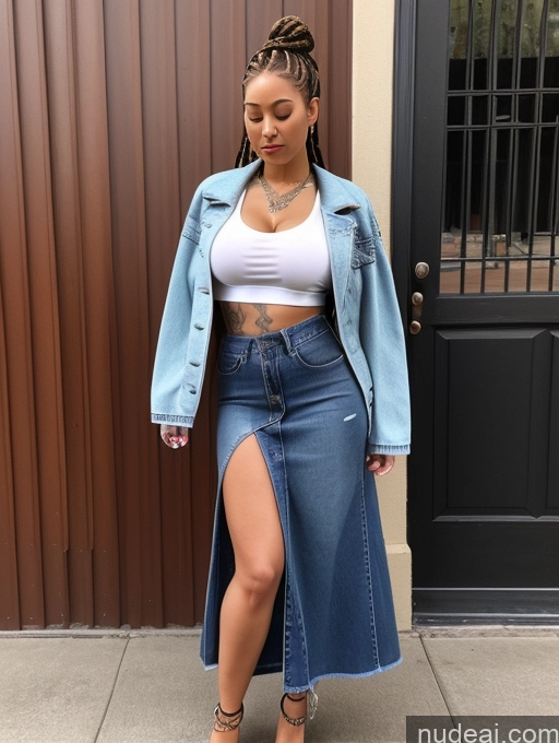 ai nude image of a woman in a white top and blue denim skirt standing in front of a door pics of Chinese 90s Crop Top Jacket Hip Hop Long Skirt Teacher Jeans Perfect Boobs Busty Beautiful Tattoos Perfect Body Braided