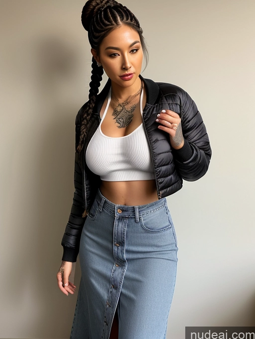 ai nude image of there is a woman in a white top and a black jacket pics of Chinese 90s Crop Top Jacket Hip Hop Long Skirt Teacher Jeans Perfect Boobs Busty Beautiful Tattoos Perfect Body Braided