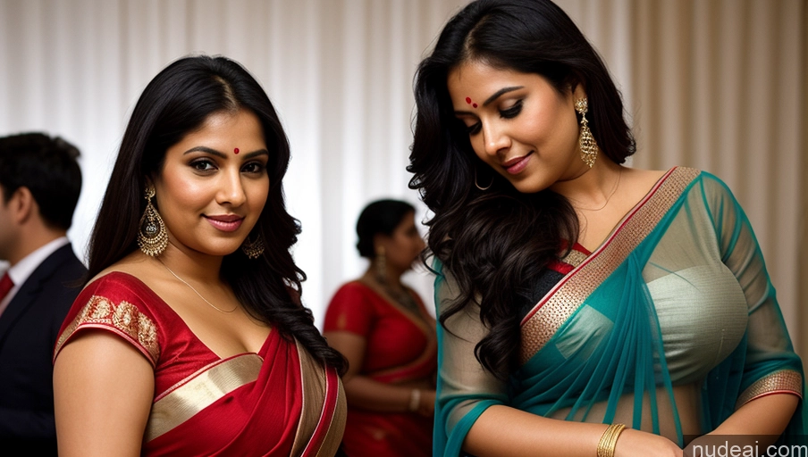 ai nude image of there are two women in saris standing next to each other pics of Woman Sexy Face Two Thick Chubby Black Hair Front View Long Hair Busty Indian Party Sari Transparent