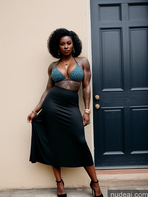 ai nude image of there is a woman standing in front of a door wearing a skirt pics of African Dark Skin Muscular Beautiful Perfect Boobs Busty Tattoos 80s 90s Traditional Teacher Suit Secretary Jeans Long Skirt