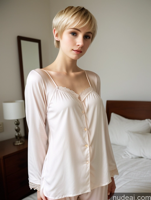 ai nude image of blond woman in pajamas standing in front of a bed in a bedroom pics of Woman Small Tits Beautiful Small Ass Skinny Fairer Skin 18 Blonde Pixie Russian Front View Pajamas Chemise