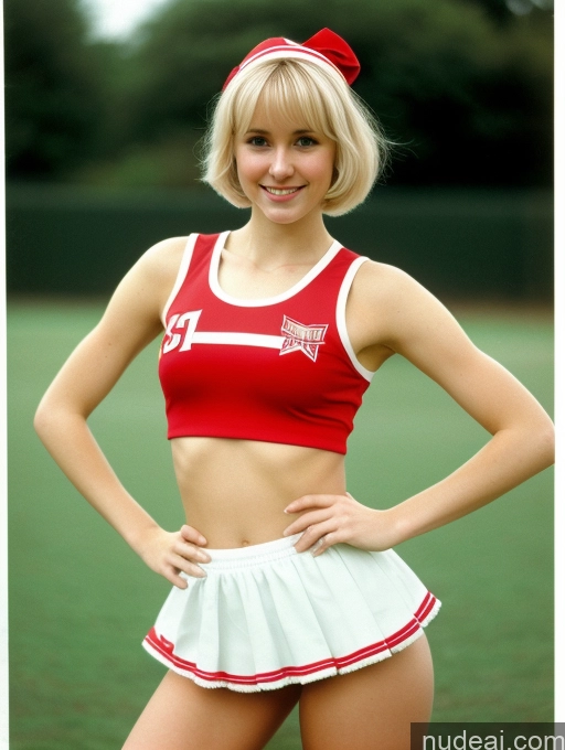 ai nude image of arafed woman in a red and white cheer uniform posing for a picture pics of Woman Beautiful Small Tits Skinny Small Ass Fairer Skin 18 Blonde Pixie Russian Front View Cheerleader Micro Skirt