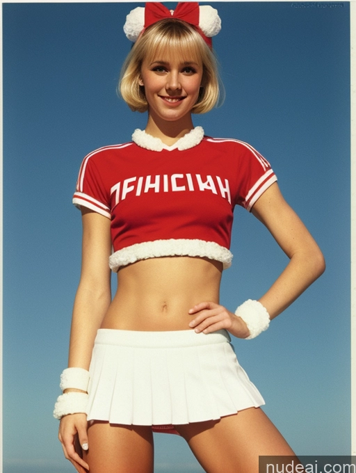 ai nude image of blond woman in a cheerleader outfit posing for a picture pics of Woman Small Tits Beautiful Small Ass Skinny Fairer Skin 18 Blonde Pixie Russian Front View Cheerleader Micro Skirt