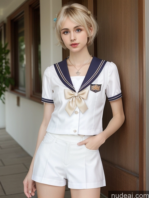 Woman Beautiful Small Tits Skinny Small Ass Fairer Skin 18 Blonde Pixie Russian Front View JK Uniform