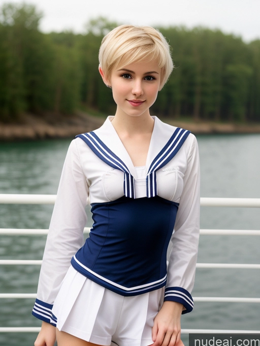 ai nude image of blond woman in sailor outfit posing on a boat near a lake pics of Woman Beautiful Small Tits Skinny Small Ass Fairer Skin 18 Blonde Pixie Russian Front View Sailor