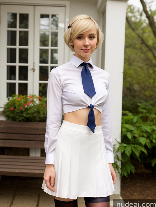 ai nude image of blond woman in white skirt and blue tie posing for picture pics of Woman Beautiful Small Tits Skinny Small Ass Fairer Skin 18 Blonde Pixie Russian Front View Sailor Mini Skirt Tie Blouse Pantyhose