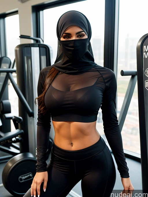 ai nude image of arafed woman in a black top and black pants posing for a picture pics of Perfect Boobs Busty Skinny Abs Gym Yoga Pants Soft + Warm Miss Universe Model Niqab Transparent Sports Spandex Partially Nude