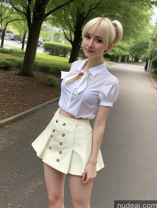 ai nude image of blond haired woman in white shirt and skirt posing for a picture pics of Woman Small Tits Beautiful Small Ass Skinny Fairer Skin 18 Blonde Pixie Russian Cosplay Blouse Mini Skirt Tie