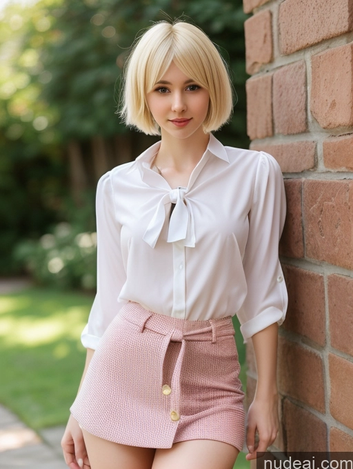 ai nude image of blonde woman in a white shirt and pink skirt leaning against a brick wall pics of Woman Small Tits Beautiful Small Ass Skinny Fairer Skin 18 Blonde Pixie Russian Cosplay Blouse Mini Skirt Tie