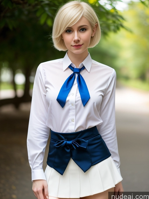 ai nude image of blond woman in a white shirt and blue tie posing for a picture pics of Small Tits Beautiful Small Ass Skinny Fairer Skin 18 Blonde Pixie Russian Blouse Tie Woman Cosplay Micro Skirt