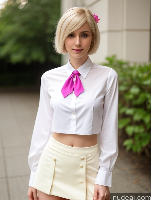 ai nude image of blond woman in white shirt and pink bow tie posing for picture pics of Woman Small Tits Beautiful Skinny Small Ass Fairer Skin 18 Blonde Pixie Russian Cosplay Blouse Tie Micro Skirt Crop Top