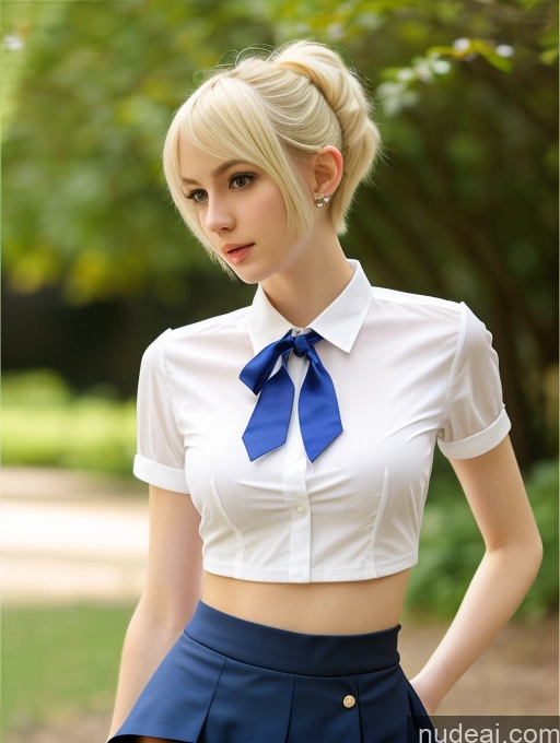 ai nude image of blond woman in a white shirt and blue skirt posing for a picture pics of Woman Small Tits Beautiful Skinny Small Ass Fairer Skin 18 Blonde Pixie Russian Cosplay Blouse Tie Micro Skirt Crop Top