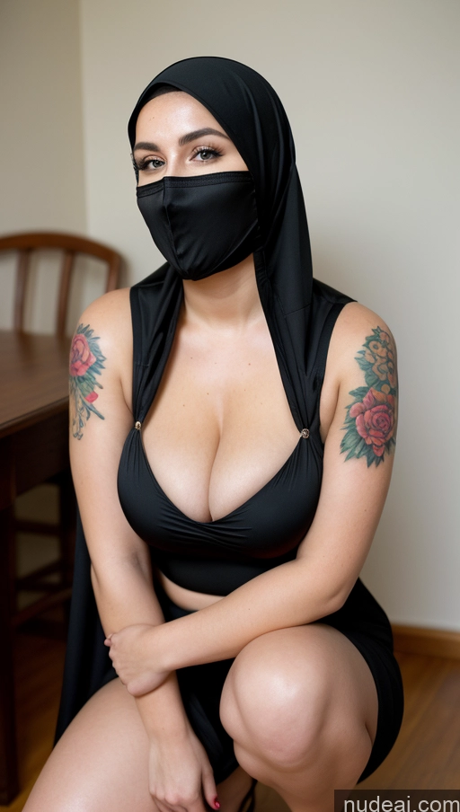 ai nude image of arafed woman in a black dress and a black mask pics of Milf Busty Beautiful Lipstick Chubby Thick Big Hips Fairer Skin 20s Happy Seductive Brunette Long Hair Russian Party Front View Cleavage Skin Detail (beta) Tattoos Nun Niqab Squatting