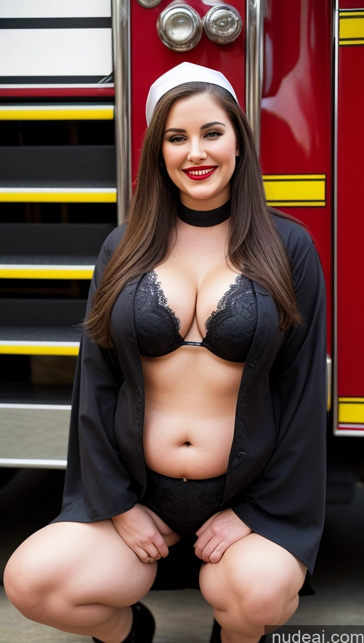 ai nude image of arafed woman in a black lingerie and a white hat is posing in front of a fire truck pics of Milf Busty Beautiful Lipstick Chubby Thick Big Hips Fairer Skin 20s Happy Seductive Brunette Long Hair Russian Party Front View Cleavage Skin Detail (beta) Tattoos Squatting Nun Firefighter Fat