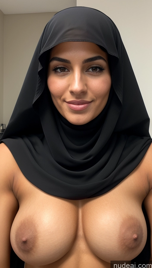 ai nude image of arafed woman in a black hijab with a big breast pics of Sexy Face Front View Beautiful Perfect Body Perfect Boobs 20s Brunette Curly Hair Niqab Nude Oiled Body French Jewelry Bodybuilder