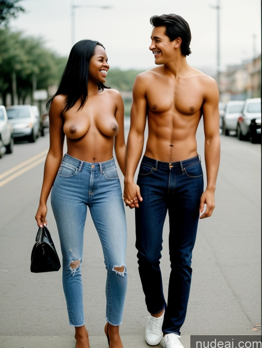 related ai porn images free for Happy Straight Film Photo Front View Topless Jeans Woman + Man Two 20s Black Hair Street Small Tits African