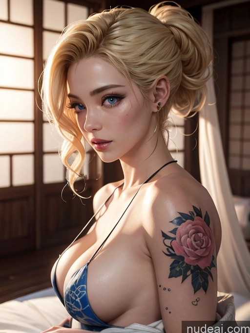 ai nude image of arafed woman with a tattoo on her arm and chest pics of Beautiful Sexy Face Blonde White Tattoos 40s Seductive Laughing Messy Transparent 3d Onsen Kimono