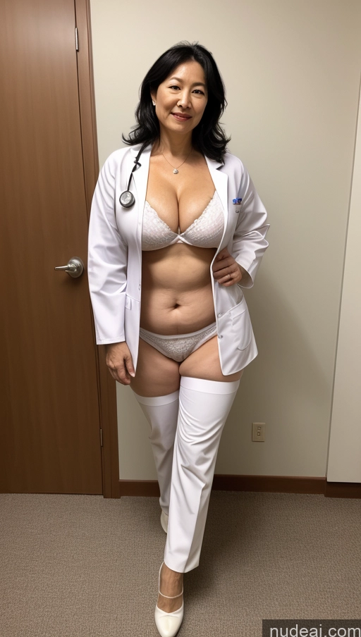 ai nude image of arafed woman in white lab coat and white pants posing for a picture pics of Milf One Busty Big Ass Big Hips Pubic Hair Fairer Skin Asian Black Hair 60s Cosplay Partially Nude Doctor