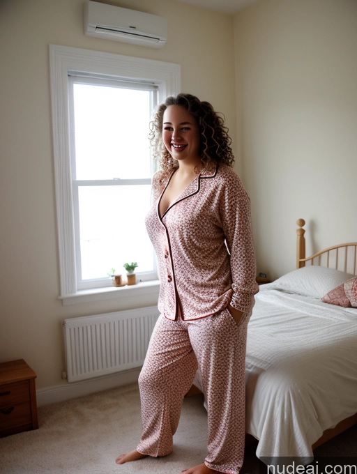 ai nude image of smiling woman in pajamas standing in front of a bed in a bedroom pics of Wife Or Girlfriend Small Tits Pubic Hair Big Hips Big Ass 18 Brunette Curly Hair White Fat Happy Bedroom Pajamas