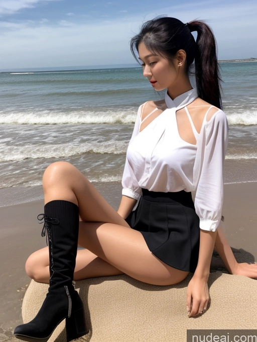 ai nude image of woman sitting on a rock on the beach with her legs crossed pics of Model One Huge Boobs Tall Perfect Body Long Legs 18 Sexy Face Black Hair Ponytail Chinese Beach Spreading Legs Diamond Jewelry Warm Anime Blouse Boots High Socks Micro Skirt