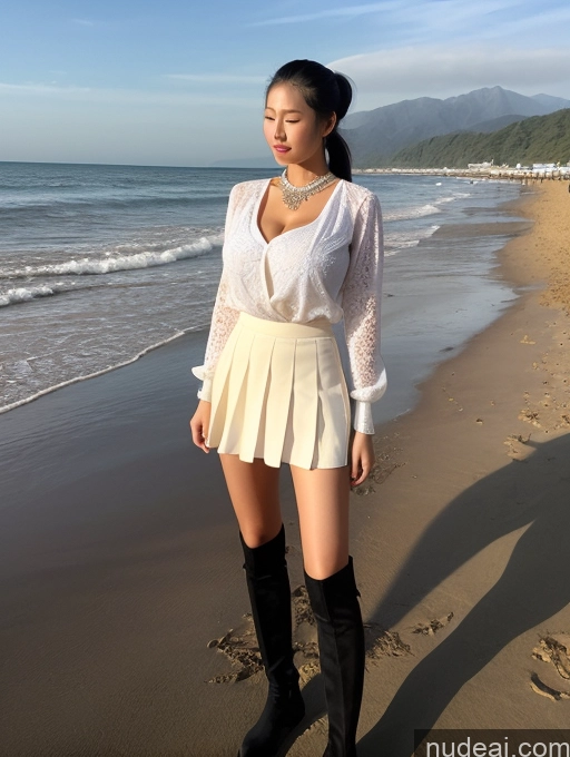 ai nude image of araffe woman in white shirt and skirt standing on beach next to ocean pics of Model One Huge Boobs Tall Perfect Body Long Legs 18 Sexy Face Black Hair Ponytail Chinese Beach Spreading Legs Diamond Jewelry Warm Anime Blouse Boots High Socks Micro Skirt