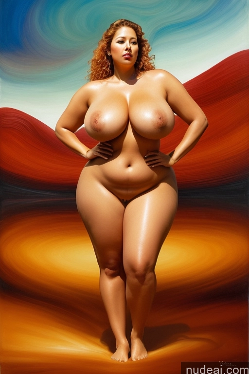 ai nude image of painting of a woman with a big breast standing in a desert pics of Woman One Busty Huge Boobs Perfect Boobs Big Ass Thick Chubby Fat Big Hips Long Legs Tanned Skin Oiled Body Nude Hell 30s Serious Seductive Sexy Face Ginger Curly Hair Vietnamese Surrealist