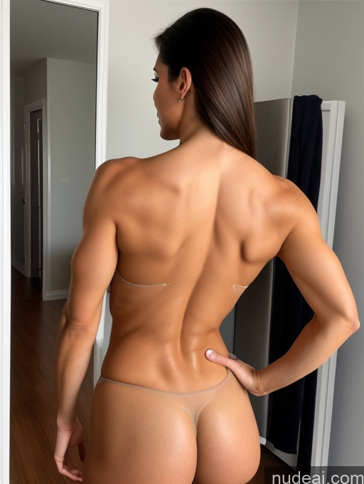 ai nude image of araffe woman in a thongie showing off her big ass pics of Bodybuilder Busty Perfect Boobs Beautiful Muscular Big Ass Abs Skinny Long Legs Tall Perfect Body Seductive Sexy Face Straight German Mirror Selfie Transparent Plank Nude Back View Brunette 40s