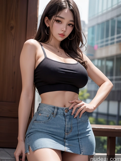 ai nude image of arafed asian woman in a black top and denim skirt posing for a picture pics of Korean Perfect Boobs Mini Skirt