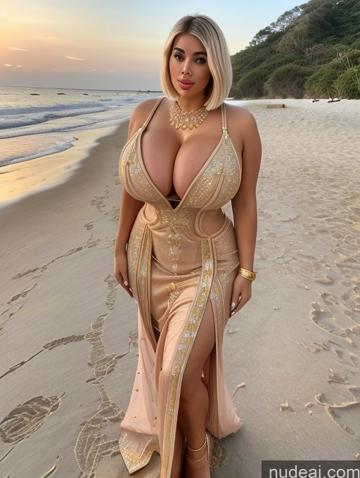 ai nude image of a woman in a gold dress standing on a beach pics of Bimbo One Busty Huge Boobs Big Ass Thick Chubby Fat Big Hips Short Hair Beach Nude Salwar Diamond Jewelry Gold Jewelry