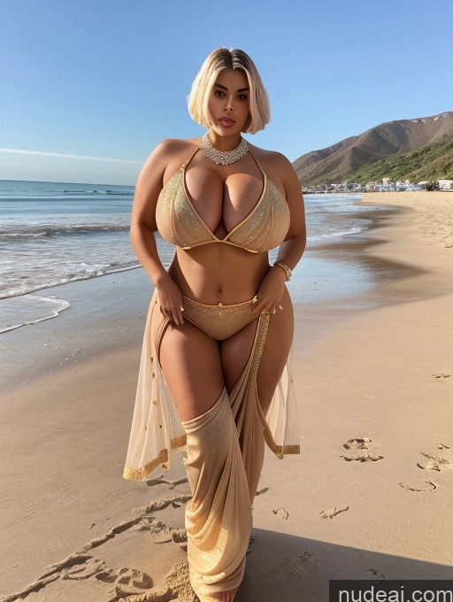 ai nude image of araffe woman in a gold bikini and gold sarong on the beach pics of Bimbo One Busty Huge Boobs Big Ass Thick Chubby Fat Big Hips Short Hair Beach Nude Diamond Jewelry Gold Jewelry Partially Nude Abs Salwar