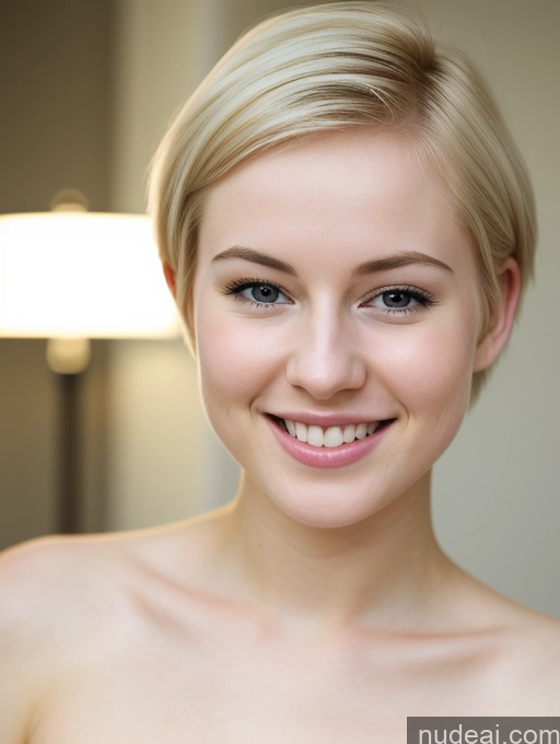 ai nude image of blond woman with short hair smiling at camera in front of a lamp pics of Woman Beautiful Fairer Skin 18 Happy Blonde Pixie Russian Close-up View