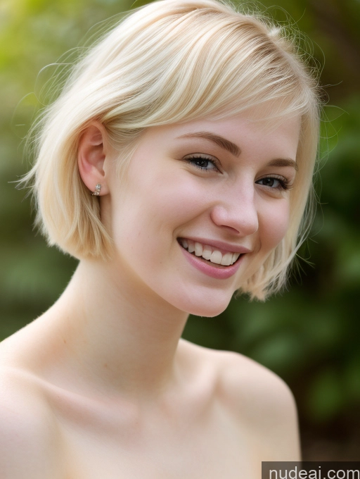 ai nude image of blond woman with short hair smiling and wearing a white dress pics of Woman Beautiful Fairer Skin 18 Laughing Blonde Pixie Russian Close-up View