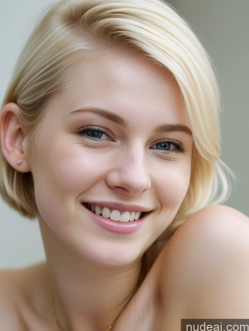 ai nude image of blond woman with blue eyes and a necklace smiling at the camera pics of Woman Beautiful Fairer Skin 18 Laughing Blonde Pixie Russian Close-up View