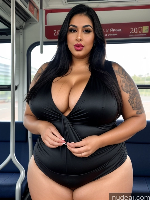 ai nude image of araffe woman in a black swimsuit on a bus pics of Miss Universe Model Huge Boobs Busty Tattoos Big Ass Thick Chubby Fat Big Hips Long Legs Tall Tanned Skin 20s Pouting Lips Black Hair Indian Sari Bus Front View Blowjob