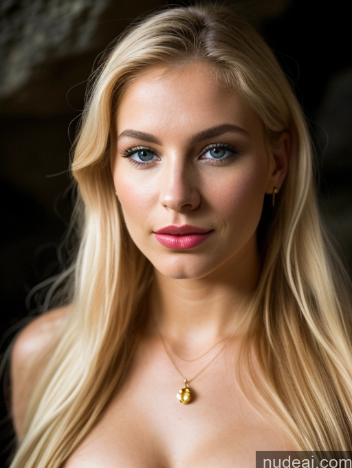 ai nude image of blond woman with blue eyes and a gold necklace posing for a picture pics of Model Small Tits Beautiful Lipstick Perfect Body Pubic Hair Pouting Lips Blonde Scandinavian Painting Cave Front View Medieval Traditional Tribal Viking Cleavage Gold Jewelry Jewelry Bright Lighting Detailed Sexy Face