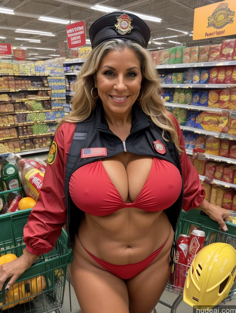 ai nude image of arafed woman in a red bikini and a police hat posing for a picture pics of Milf One Busty Huge Boobs Tanned Skin Microkini Thong Native American 60s Front View Firefighter Grocery