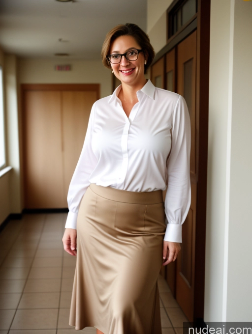 ai nude image of smiling woman in a skirt and white shirt standing in a hallway pics of Wife Or Girlfriend Big Hips 50s White Brunette Thick Pixie Happy School Hallway Blouse Long Skirt Pantyhose Perfect Boobs Glasses