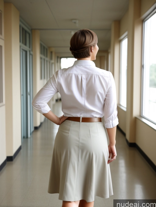 ai nude image of there is a woman standing in a hallway with her back to the camera pics of Wife Or Girlfriend Big Hips 50s White Brunette Thick Pixie Happy School Hallway Blouse Long Skirt Pantyhose Perfect Boobs Back View