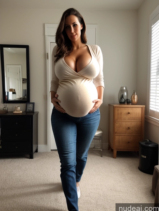 ai nude image of pregnant woman in jeans and a white top standing in a bedroom pics of Wife Or Girlfriend Huge Boobs Big Ass Big Hips Long Legs Pubic Hair Pregnant 40s Seductive Brunette Slicked Dutch Bedroom Casual