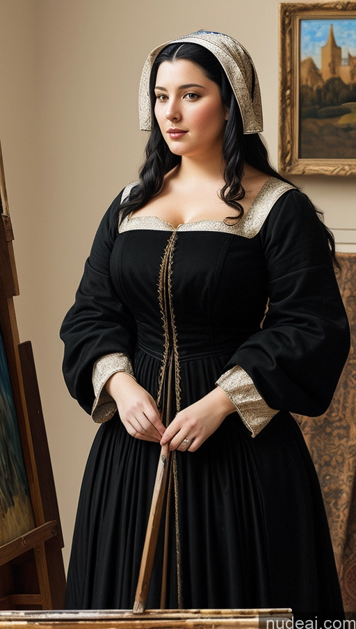 ai nude image of there is a woman in a black dress and a hat holding a painting pics of Painting Medieval Black Hair Thick Chubby