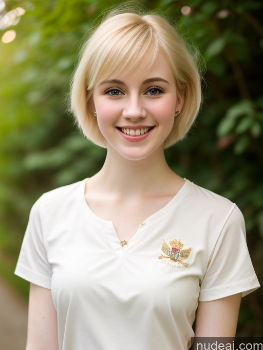 ai nude image of blonde woman with a white shirt and a necklace smiling at the camera pics of Woman Beautiful Fairer Skin 18 Blonde Pixie Russian Shirt Happy