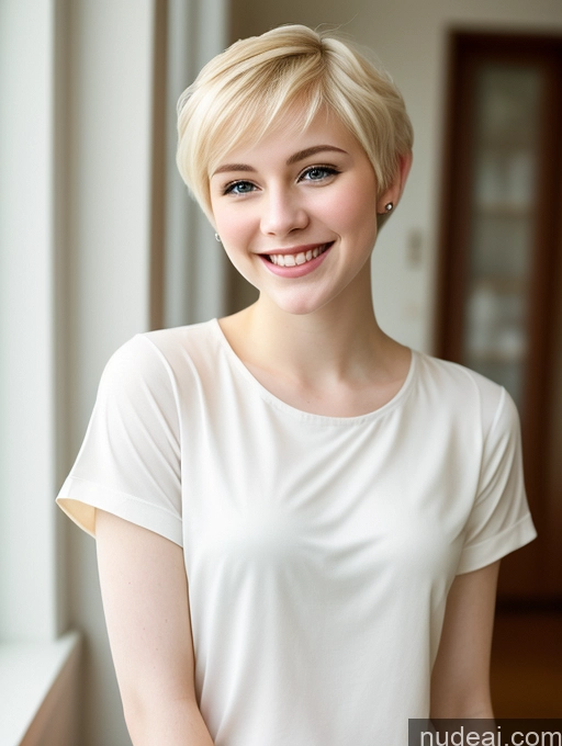 ai nude image of blond woman with short hair smiling in white shirt by window pics of Woman Beautiful Fairer Skin 18 Blonde Pixie Russian Shirt Happy