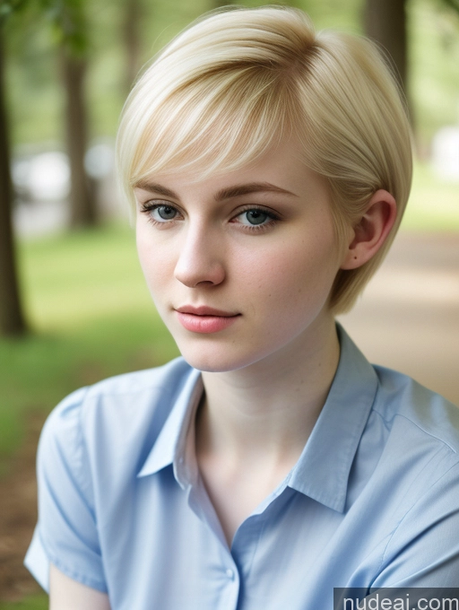 ai nude image of blond woman with short hair and blue shirt sitting in park pics of Woman Beautiful Fairer Skin 18 Blonde Pixie Russian Shirt Sad